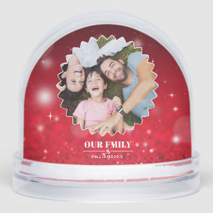 elegant script ''our family'' custom 2photo snowglobe
