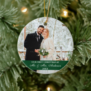 Elegant Script Our First Christmas Green Ceramic Tree Decoration