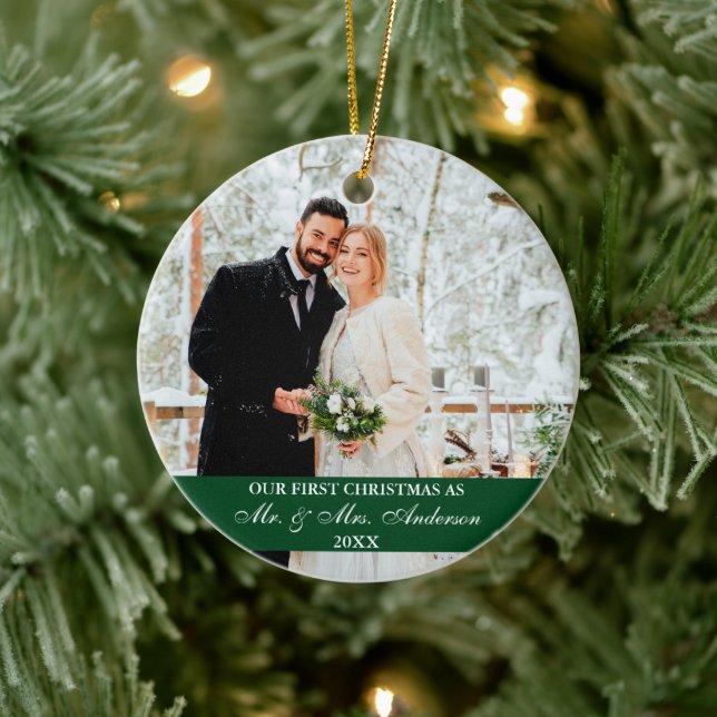 Elegant Script Our First Christmas Green Ceramic Tree Decoration (Tree)