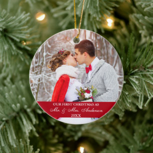 Elegant Script Our First Christmas Red Ceramic Tree Decoration