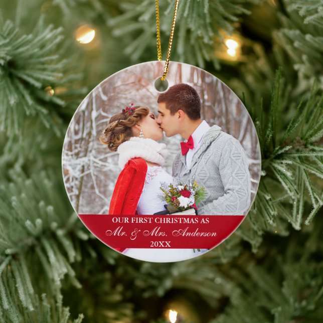 Elegant Script Our First Christmas Red Ceramic Tree Decoration (Tree)