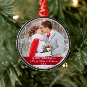 Elegant Script Our First Christmas Red Metal Tree Decoration