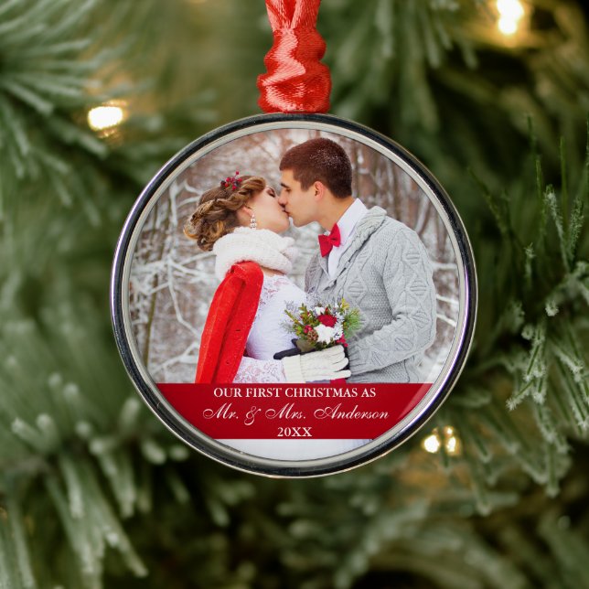 Elegant Script Our First Christmas Red Metal Tree Decoration (Tree)