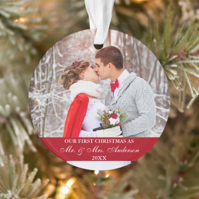 Elegant Script Our First Christmas Red Ornament (Tree)