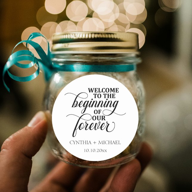 Elegant Script 'our Forever' Wedding Classic Round Sticker (Creator Uploaded)