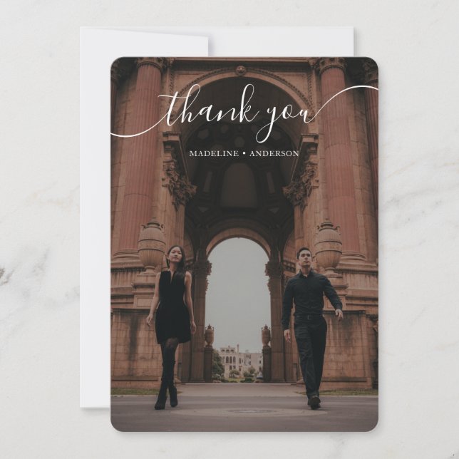 Elegant Script Overlay Classic Two Photo Wedding Thank You Card (Front)