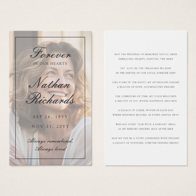 Elegant Script Overlay Photo Funeral Prayer Card (Front & Back)