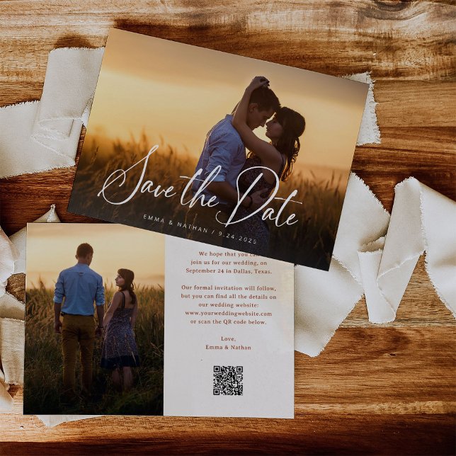 Elegant Script Overlay | Two Photo and QR Code Save The Date (A simple and elegant save the date card, with two photos and a QR code)