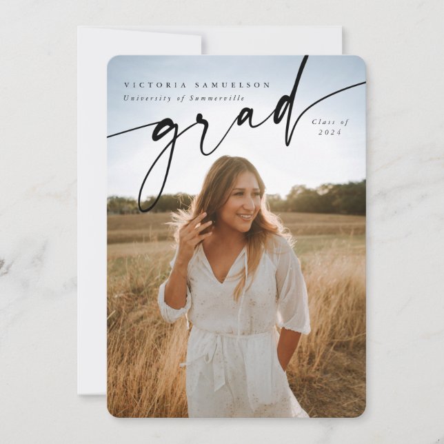 Elegant Script Overlay Two Photo Graduation Announcement (Front)