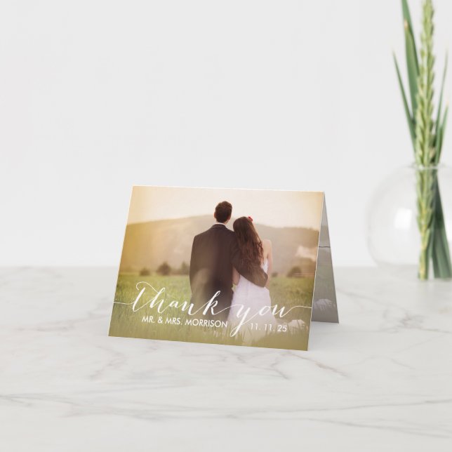 Elegant Script Overlay Wedding Photo Thank You Card (Front)