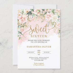 Elegant script pastel pink roses sweet sixteen invitation