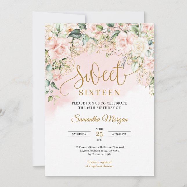 Elegant script pastel pink roses sweet sixteen invitation (Front)