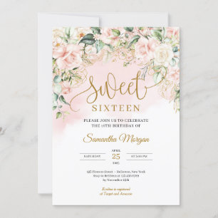 Elegant script pastel pink roses sweet sixteen invitation