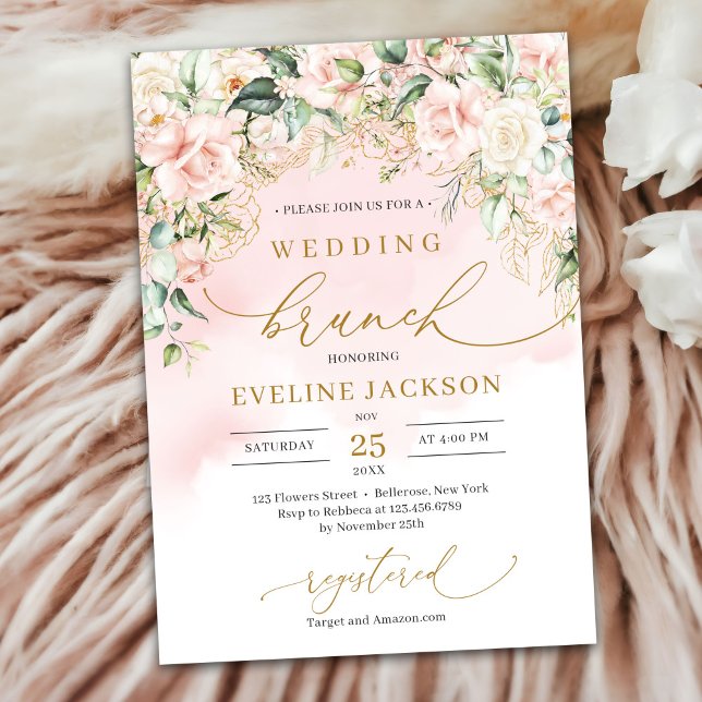 Elegant script pastel pink roses wedding brunch invitation (Ethereal pale pink roses sage greenery and gold wedding brunch invitation)
