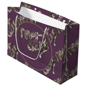 Elegant Script Pattern Eggplant Purple Christmas Large Gift Bag