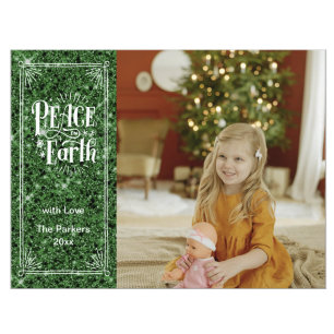 Elegant Script Peace on Earth Green Glitter Modern Holiday Postcard