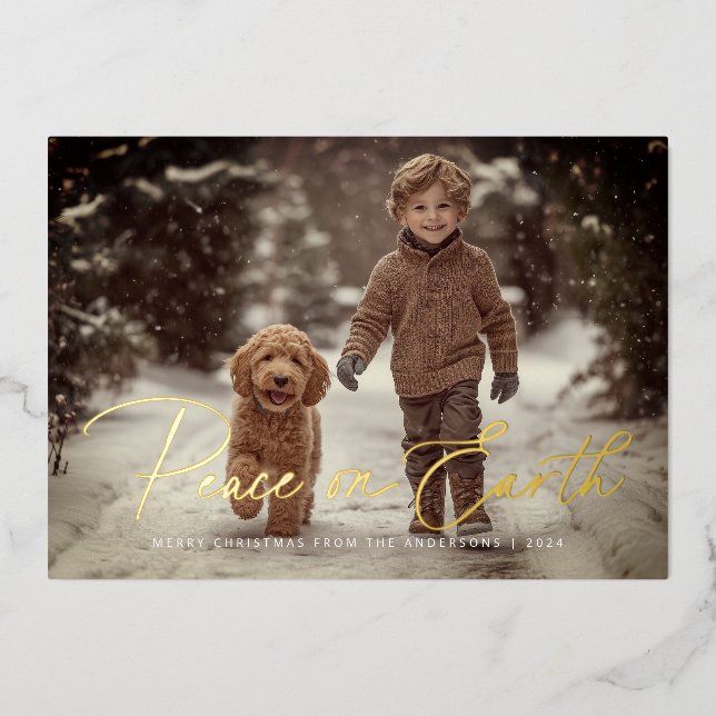 Elegant Script Peace on Earth Photo Christmas Foil Holiday Card (Front)