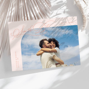Elegant Script Peach Curved Frame Photo Save The Date
