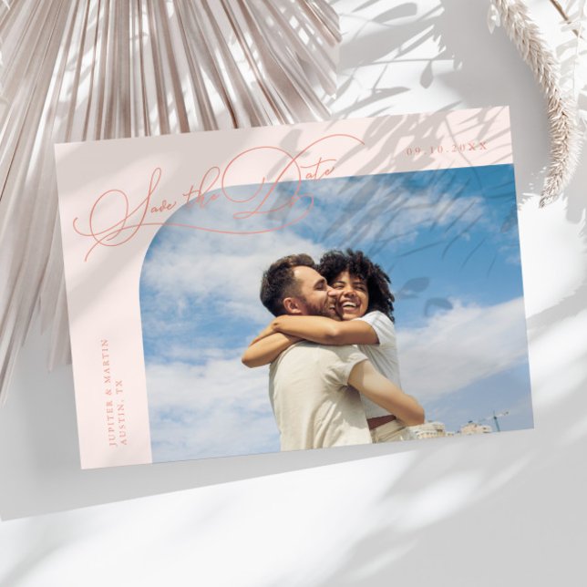 Elegant Script Peach Curved Frame Photo Save The Date (Creator Uploaded)