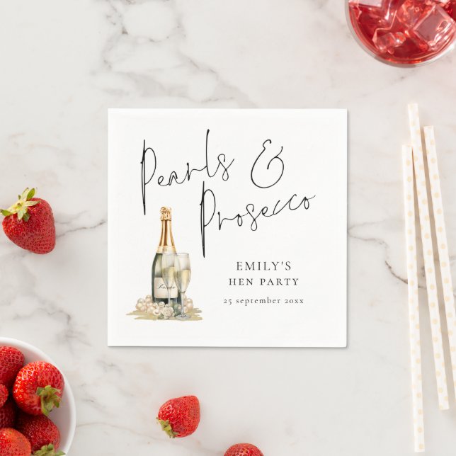 Elegant Script Pearls and Prosecco Hen Party Napkin (Insitu)