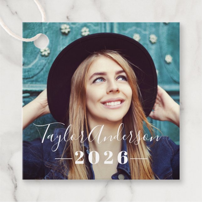 Elegant Script Photo 2026 Graduation Party Favour Tags (Front)