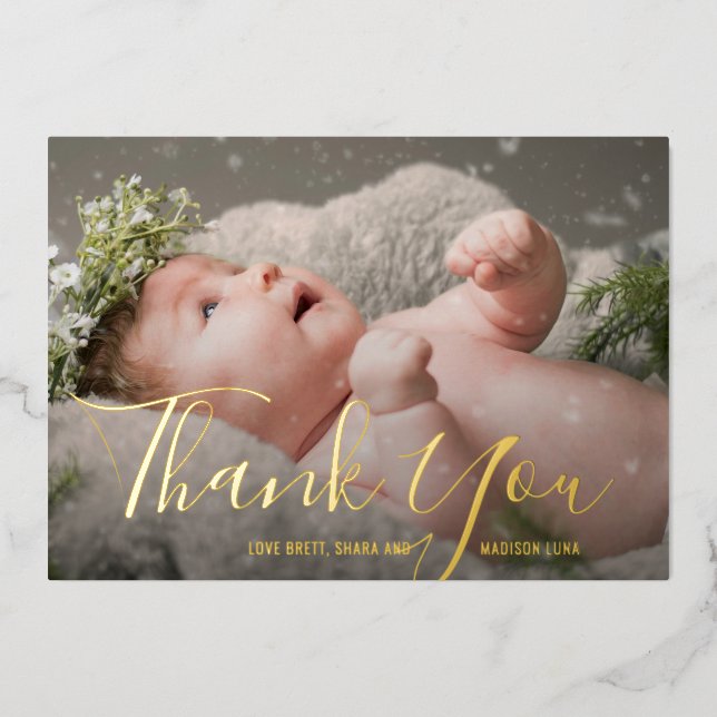 Elegant Script Photo Baby Shower Thank You Card (Front)