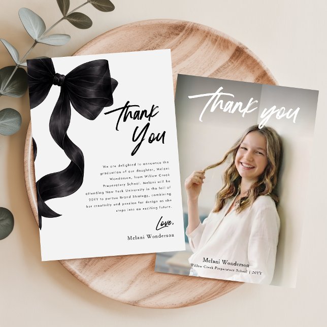 Elegant Script Photo Black Bow Graduation Thank You Card (Creator Uploaded)