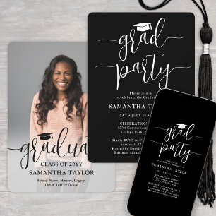 Elegant Script & Photo Black Graduation Party Invitation