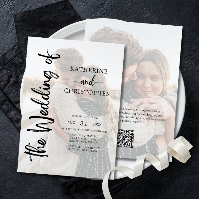 Elegant Script Photo Black White Formal Wedding Invitation (Black and White Elegant Bold Script 2-Photo Wedding Invitation with QR Code for Wedding Website.)