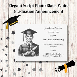 Elegant Script Photo Black White Graduation  Announcement