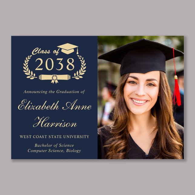 Elegant Script Photo Blue Gold College Graduation Announcement (Elegant Script Photo Blue Gold College Graduation Announcement)