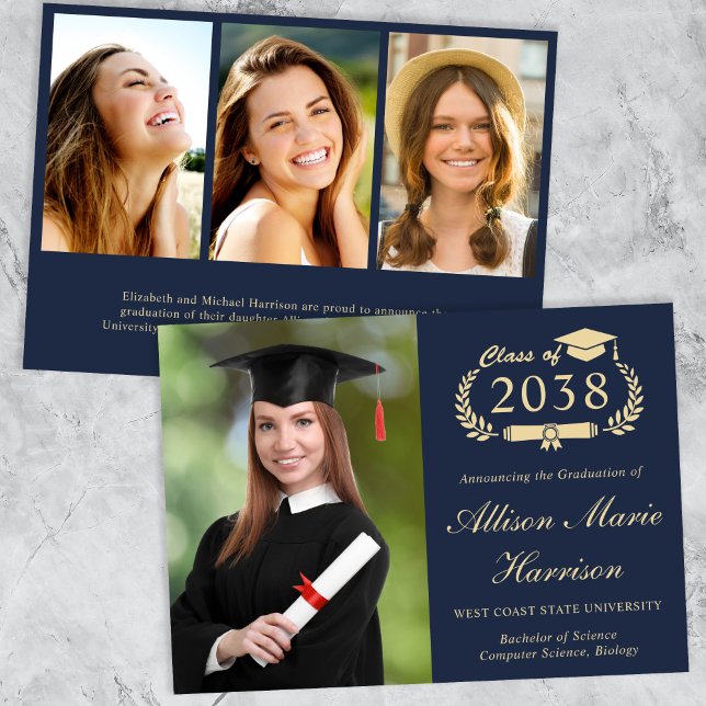 Elegant Script Photo Blue Gold College Graduation Announcement (An elegant college graduation announcement to celebrate the graduate's achievements)
