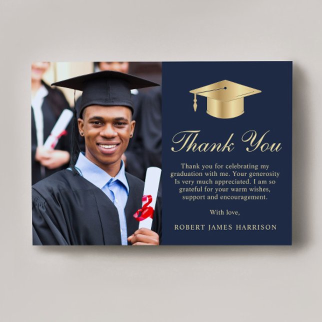 Elegant Script Photo Blue Gold Graduation Thank You Card (Creator Uploaded)