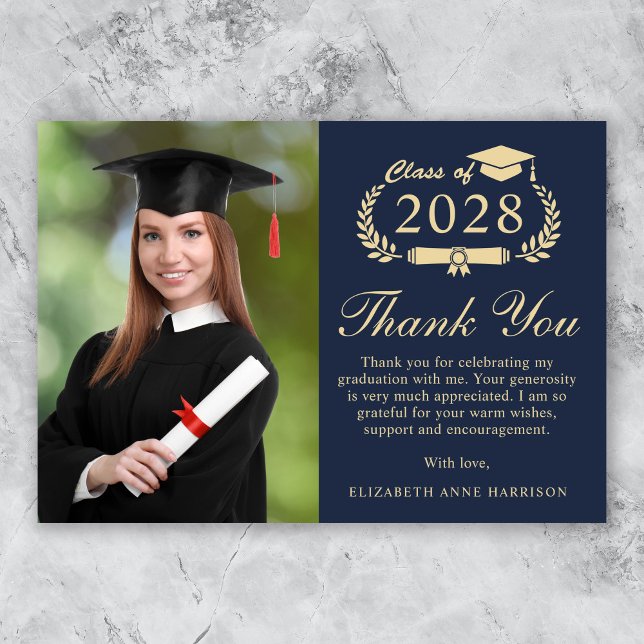 Elegant Script Photo Blue Gold Graduation Thank You Card (An elegant photo graduation thank you card to show gratitude to friends and family for their support)