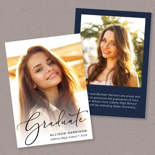 Elegant Script Photo Blue Graduation Announcement (An elegant photo graduation announcement to celebrate the graduate's achievements)