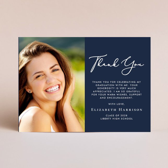 Elegant Script Photo Blue Graduation Thank You Card (Creator Uploaded)