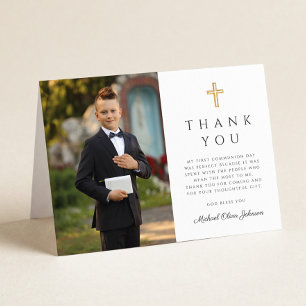 Elegant Script Photo Boy First Communion Folded Thank You Card