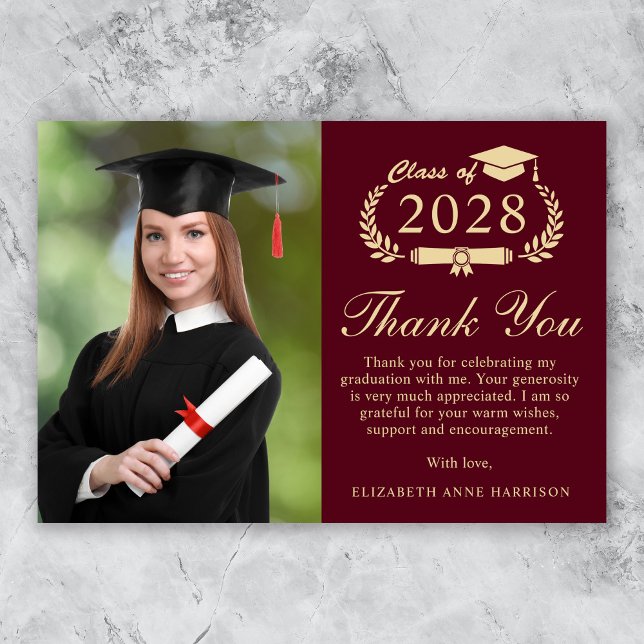 Elegant Script Photo Burgundy Gold Graduation Thank You Card (An elegant photo graduation thank you card to show gratitude to friends and family for their support)
