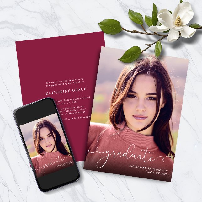 Elegant Script Photo Burgundy Maroon Graduation Announcement (Elegant Script Photo Burgundy Maroon Graduation Announcement with Instant Download Option)