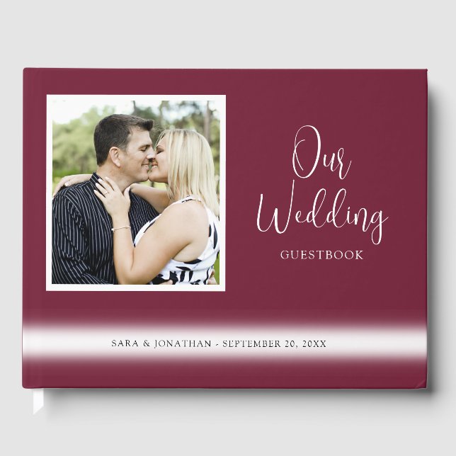 Elegant Script Photo Burgundy Wedding Guest Book (Front)