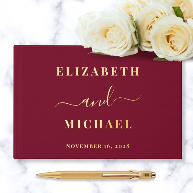 Elegant Script Photo Burgundy Wedding Guest Book (Creator Uploaded)