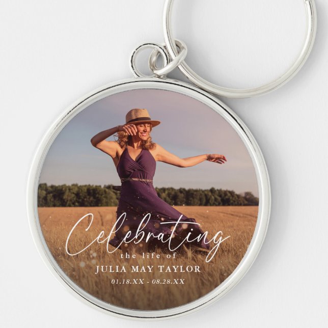 Elegant Script Photo Celebrating the Life of  Key Ring (Front)
