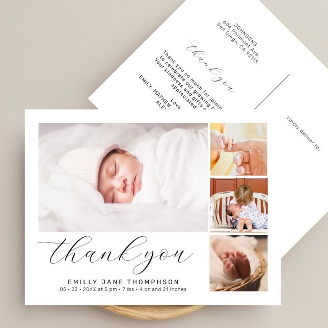 Elegant Script Photo Collage Birth Announcement Postcard (Creator Uploaded)