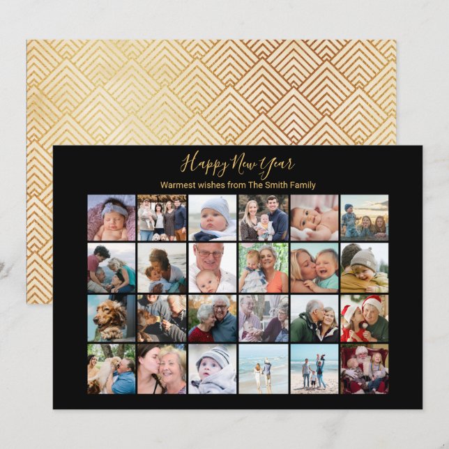 Elegant Script Photo Collage Modern Festive Gold Holiday Card (Front/Back)