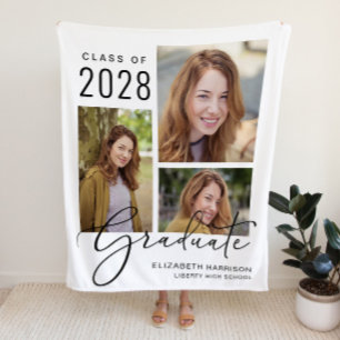 Elegant Script Photo Collage White Graduation Fleece Blanket