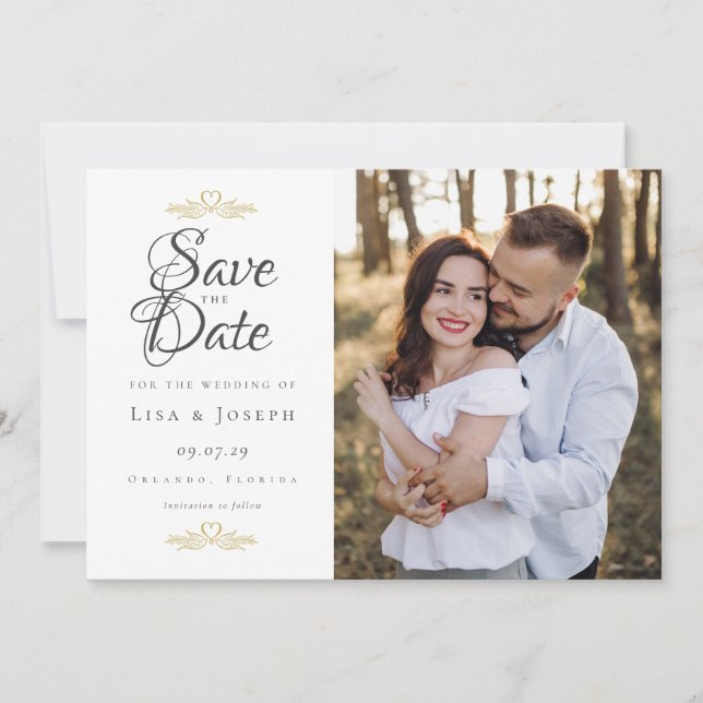 Elegant Script Photo Elegant Gold Doves Hearts  Save The Date (Front)