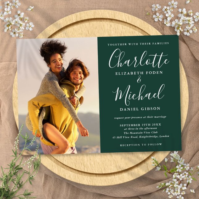 Elegant Script Photo Emerald Green Wedding Invitation (Elegant Script Photo Emerald Green Wedding Invitation)