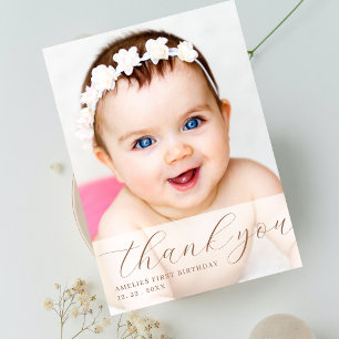 Elegant Script Photo Firts Birthday Thank You Card