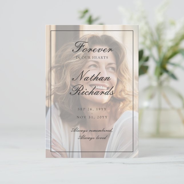 Elegant Script Photo Funeral Thank You Card (Standing Front)