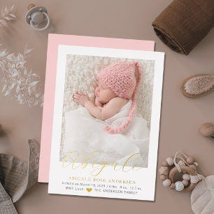 Elegant Script Photo Girl Baby Birth Announcement